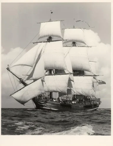 Bounty replica, newly-built, ca. 1979, on sea trials. Credit: New Zealand Maritime Museum Acc. 2021.29.405. Reproduced here with kind permis